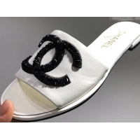 Top Quality Chanel Sequins CC Logo Mules G34682 White 2019