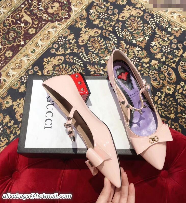 Discount Gucci Heel 2cm Patent Leather Silver-toned Spikes Ballet Pumps with Bow 558097 Nude Pink 2019