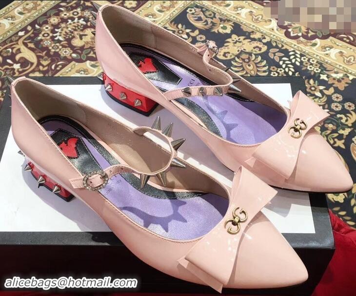 Discount Gucci Heel 2cm Patent Leather Silver-toned Spikes Ballet Pumps with Bow 558097 Nude Pink 2019