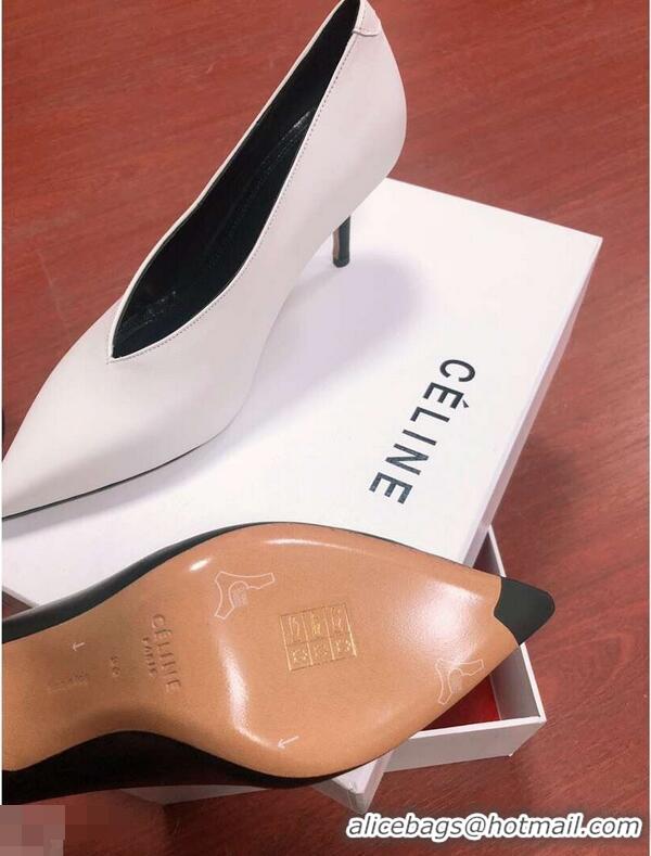 Imitation Celine Heel 7.5cm Leather Pointed-Toe Pumps C22509 Off White 2019