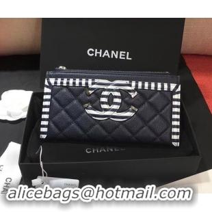 New Style Chanel Striped Grained Calfskin CC Filigree Small Pouch Bag A81942 Navy Blue 2019