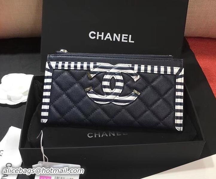 New Style Chanel Striped Grained Calfskin CC Filigree Small Pouch Bag A81942 Navy Blue 2019