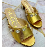 Cheap Gucci Lyric GG Crystal Embellished Heel Moire Mules 940408 Gold 2019