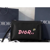  Dior Nylon Bee DIOR X KAWS Pouch Clutch Bag Black with Pink Logo 500839 2019