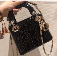 Good Quality Lady Dior Mini Bag in Cannage with Chain Patent 510041 Black/Gold