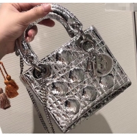 Best Price Lady Dior Mini Bag in Cannage with Chain 510042 Crinkled Silver