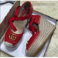 Imitation Gucci Double G Leather Platform 10cm Espadrille with Grosgrain Lace-up 573023 Red