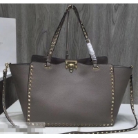 Top Quality Valentino Grained Leather Rockstud Medium Tote Bag 0973 Gray