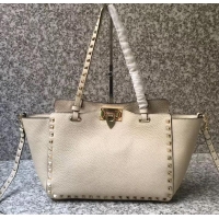 Luxury Discount Valentino Grained Leather Rockstud Small Tote Bag 0972 Ivory