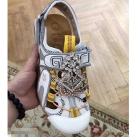 Imitation Gucci Leather and Mesh Reflective Fabric Sandals Crystal 95726 White 2019