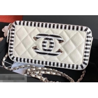 Popular Style Chanel Striped Grained Calfskin CC Filigree Clutch With Chain Bag A84450 White 2019