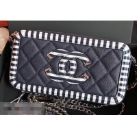 New Design Chanel Striped Grained Calfskin CC Filigree Clutch With Chain Bag A84450 Navy Blue 2019
