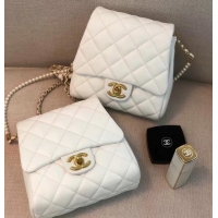 Best Product Chanel Lambskin with Imitation Pearls Side Pack Bag AS0614 White 2019