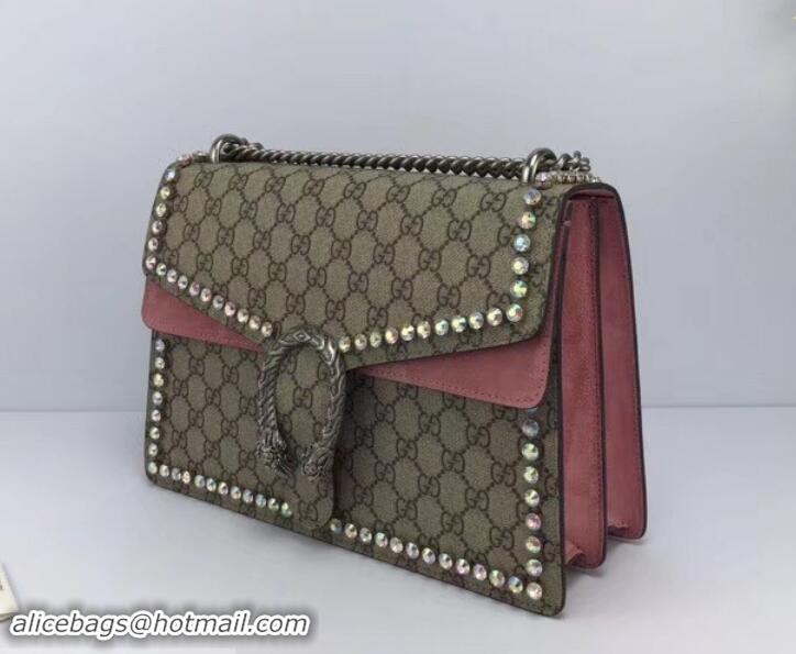 Sophisticated Gucci Crystal GG Supreme Canvas Dionysus Medium Shoulder Bag 403348/400235 Pink