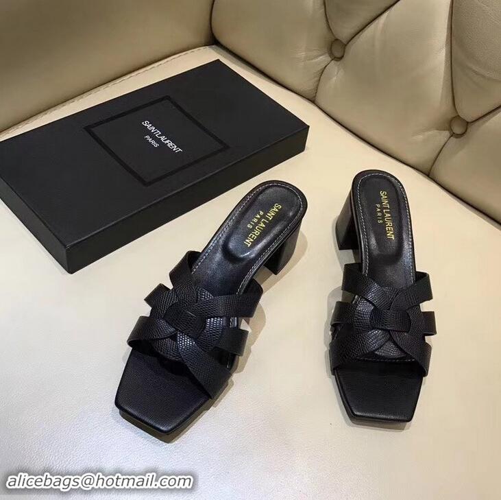 Imitation Saint Laurent Lizard Textured Heel Slide Sandal In Leather With Intertwining Straps Y83618 Black