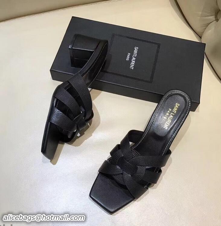 Imitation Saint Laurent Lizard Textured Heel Slide Sandal In Leather With Intertwining Straps Y83618 Black