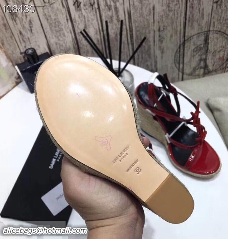 Cheap Saint Laurent Heel 10.5cm Cassandra Wedge Espadrilles Sandals Y93618 Patent Red With YSL Logo 2019