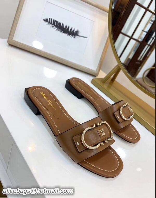 Discount Ferragamo Stud Gancini Slide Sandals F94905 Brown 2019