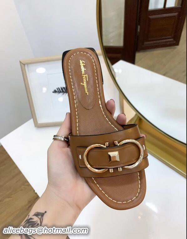 Discount Ferragamo Stud Gancini Slide Sandals F94905 Brown 2019