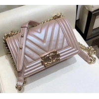 Popular Chanel Iridescent Pearl Caviar Chevron Boy Small Flap Bag AS03249 Pink Gold 2019