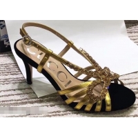 Fashion Ladies Gucci Heel 8.5cm Cut-out Bow with Crystals Sandals Velvet C96320 Black/Gold 2019