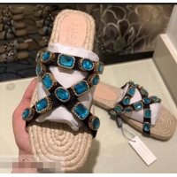 Replicas Gucci Grosgrain Espadrilles Slide Sandals with Crystals G96606 Blue 2019