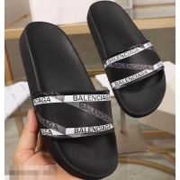 New Fashion Balenciaga Stripe Logo Piscine Slides Sandals B95705 Black