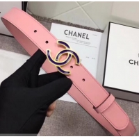 New Design Chanel Calf Leather Belt with Blue Buckle 30mm Width 550176 Pink
