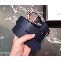 Famous Gucci Width 3.5cm Leather Belt Navy Blue with Dionysus Buckle 458953