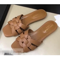 Cheapest Saint Laurent Slide Sandal In Leather With Intertwining Straps Y80603 Camel
