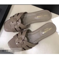 Charming Saint Laurent Slide Sandal In Patent Leather With Intertwining Straps Y83708 Khaki