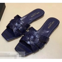 Popular Style Saint Laurent Slide Sandal In Crocodile Textured With Intertwining Straps Y83802 Dark Blue