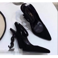 Discount Saint Laurent Heel 11cm Opyum Slingback Pumps In Suede Black With Black YSL Signature With Strap Y82206