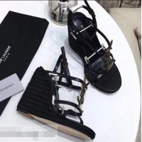 Faux Saint Laurent Heel 10.5cm Cassandra Wedge Espadrilles Sandals Y93630 Black With YSL Logo 2019