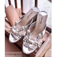New Style Miu Miu Laminated Leather Sandals with Pearls 60mm Heel Y8128 Silver