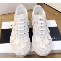 Popular Discount Chanel Camellia Embroidery Lace-Ups G34815 White 2019