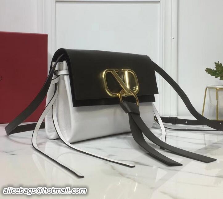 Fashion Valentino Smooth Calfskin Small VRing Crossbody Bag 181688 Black/White 2019