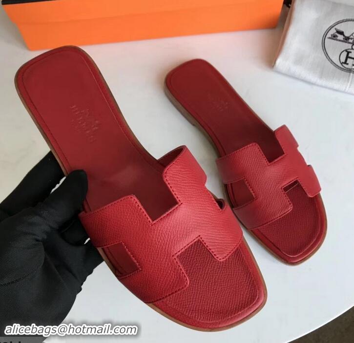 Top Quality Hermes Oran Flat slippers in epsom leather red H701025