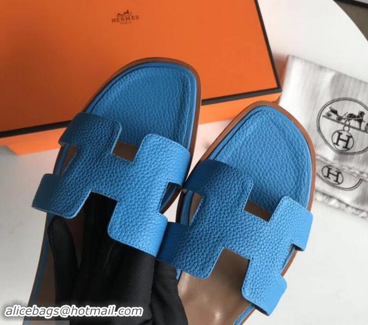 Classic Hot Hermes Oran Flat Slipper Sandals in Togo Leather H701030 Light Blue