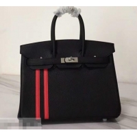 Classic Hot Hermes red Striped Birkin 25 Bag in original togo Leather black 630130