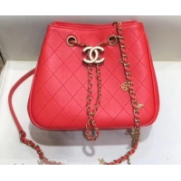 Classic Practical Chanel Charms Lambskin Drawstring Bucket Mini Bag C706011 Red 2019