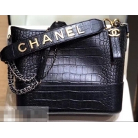 Super Quality Chanel Crocodile Embossed Calfskin Gabrielle Medium Hobo Bag AS0866 Black 2019