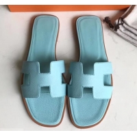 Best Quality Hermes Oran Flat slippers in epsom leather H701020 light blue with brown piping