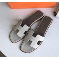 Best Price Hermes Oran Flat Slipper Sandals in Togo Leather H701030 Pale Gray