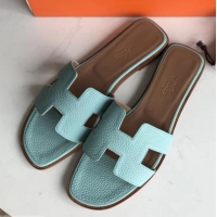 Grade Quality Hermes Oran Flat Slipper Sandals in Togo Leather H701030 Cyan