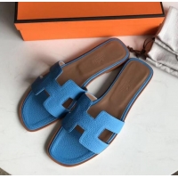 Classic Hot Hermes Oran Flat Slipper Sandals in Togo Leather H701030 Light Blue