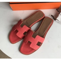 Luxury Hermes Oran Flat Slipper Sandals in Togo Leather H701030 Rouge Red