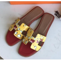 Purchase Hermes Print Oran Flat Slipper Sandals H701038 Red/Yellow