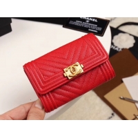 Grade Quality Chanel Calfskin Leather Card packet & Gold-Tone Metal A80603 red