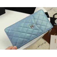 Best Grade Chanel Calfskin Leather Card packet & Gold-Tone Metal A81598 light blue